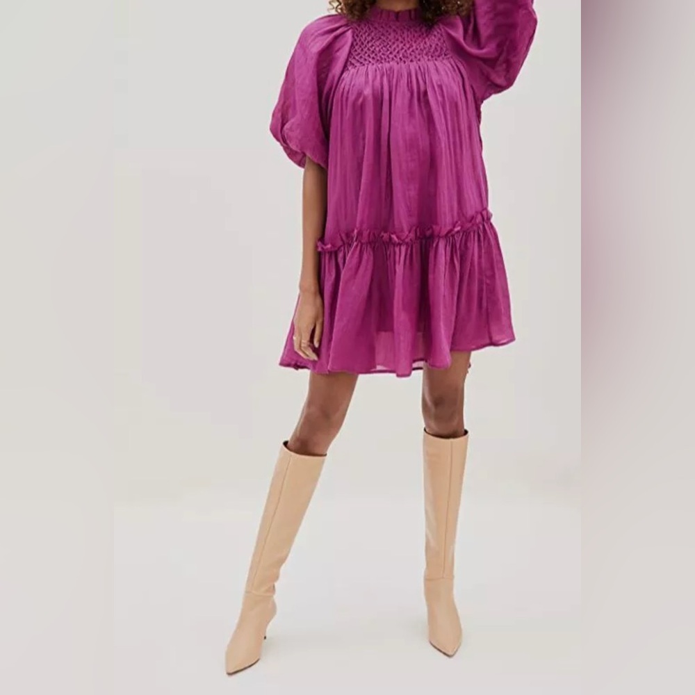 Sea New York Purple Geneva Babydoll Smocked Tiered balloon sleeve Dress Size XXS